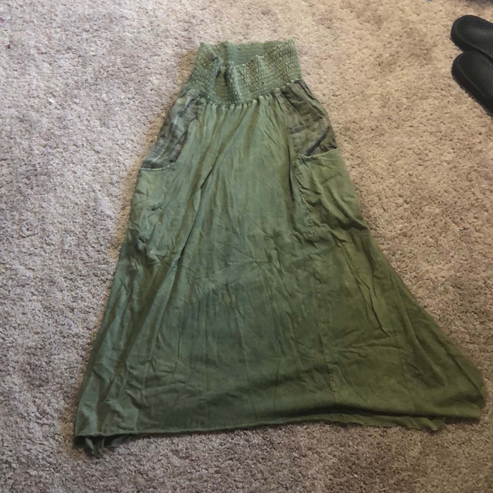 Green Boho Long Skirt with Plaid Pockets!!!
